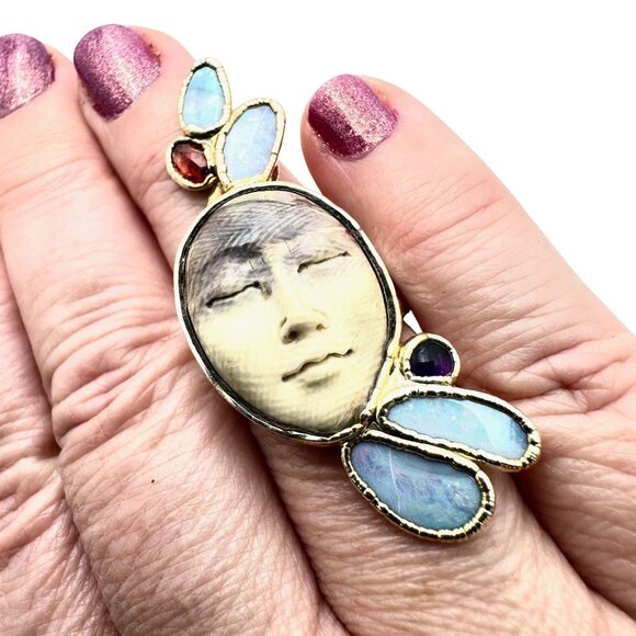 Sterling Silver Opal Gemstone Goddess Statement Ring Size 9 - Picture 2 of 4